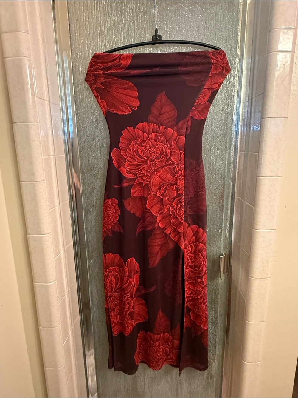 WINDSOR - Strapless Floral Maxi Dress in Burgundy Red, W/ Slit